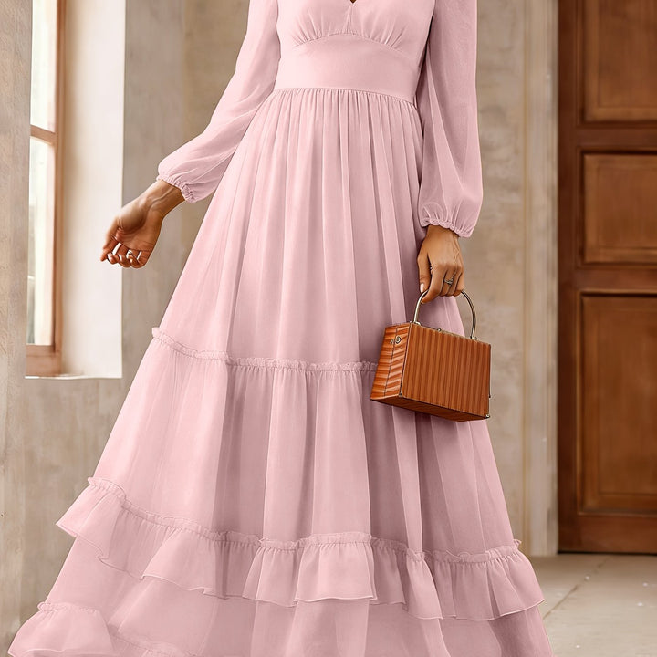 Logan | Women's Chiffon V Neck Long Sleeve Tiered Wedding Guest Dress
