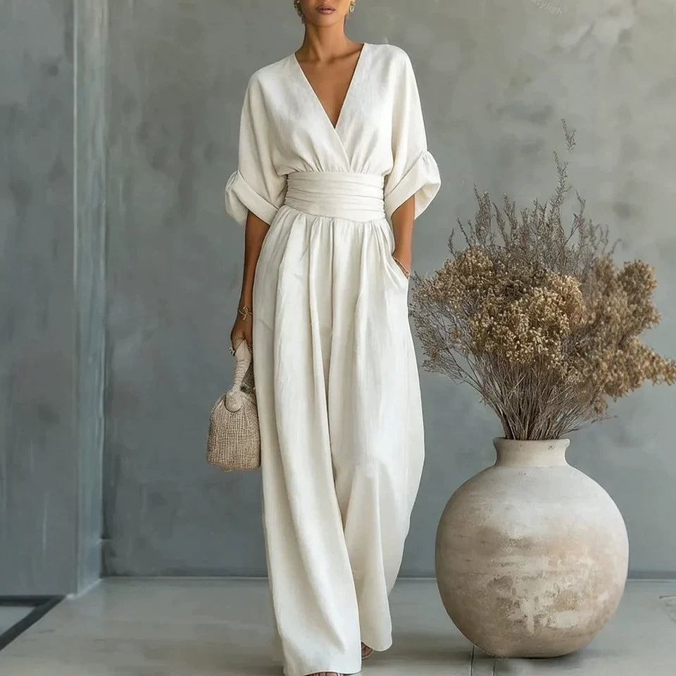 Tallulah | Women Wide Leg V Neck Linen Jumpsuit