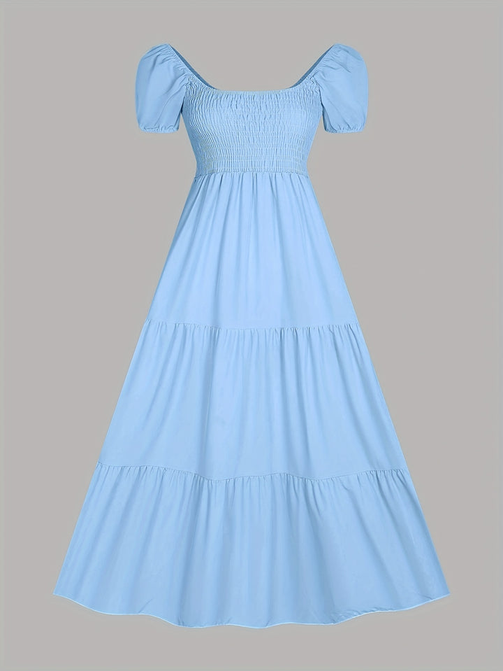 Pilar | Women's Square Neck Short Sleeve Tiered Casual Maxi Smocked Dress