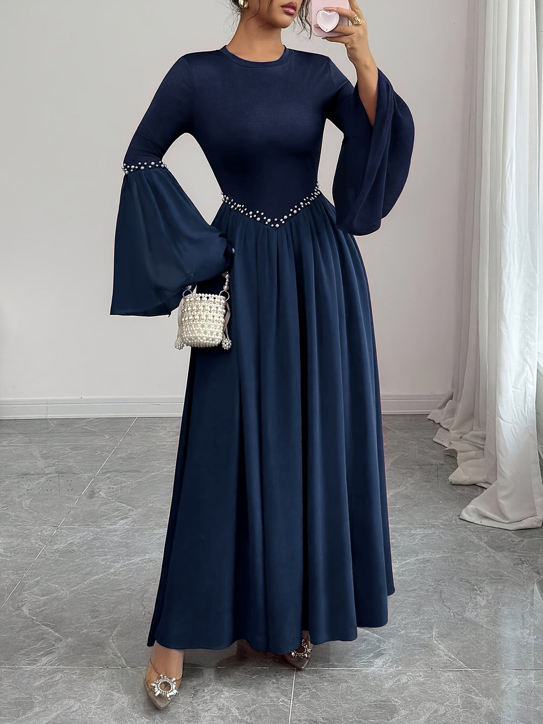 Beaded Round Neck Bell Sleeve A Line Maxi Wedding Guest Dress