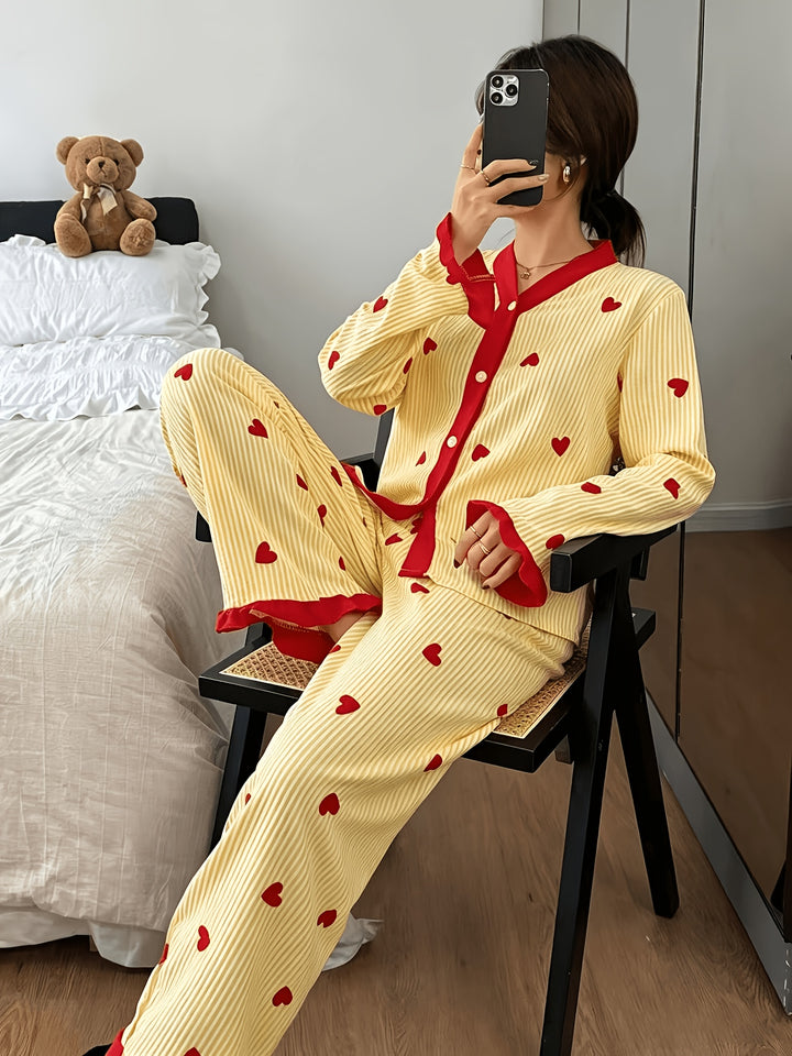 Effortless Heart Pajamas for Women with V Neck Long Sleeve Contrast Cuff Casual Style