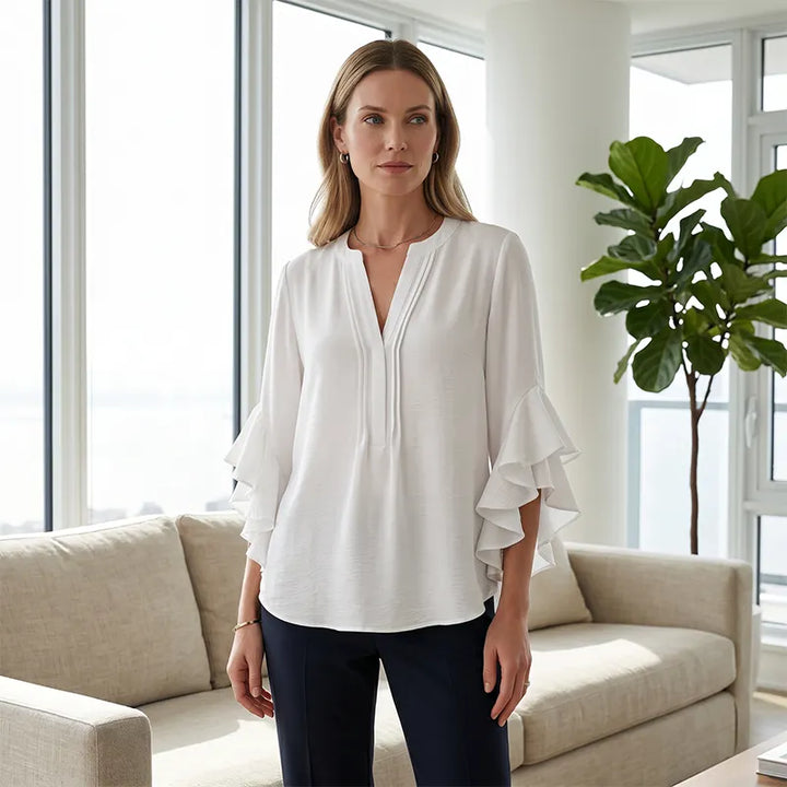 V Neck Ruffle Bell Sleeve Flowy Going Out Tunic Blouse Top