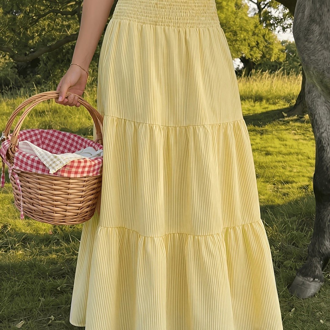 Yellow Skirts Smocked High Waist Tiered Pinstripe Maxi