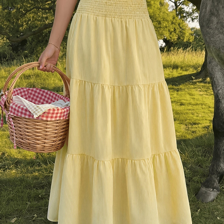 Yellow Skirts Smocked High Waist Tiered Pinstripe Maxi