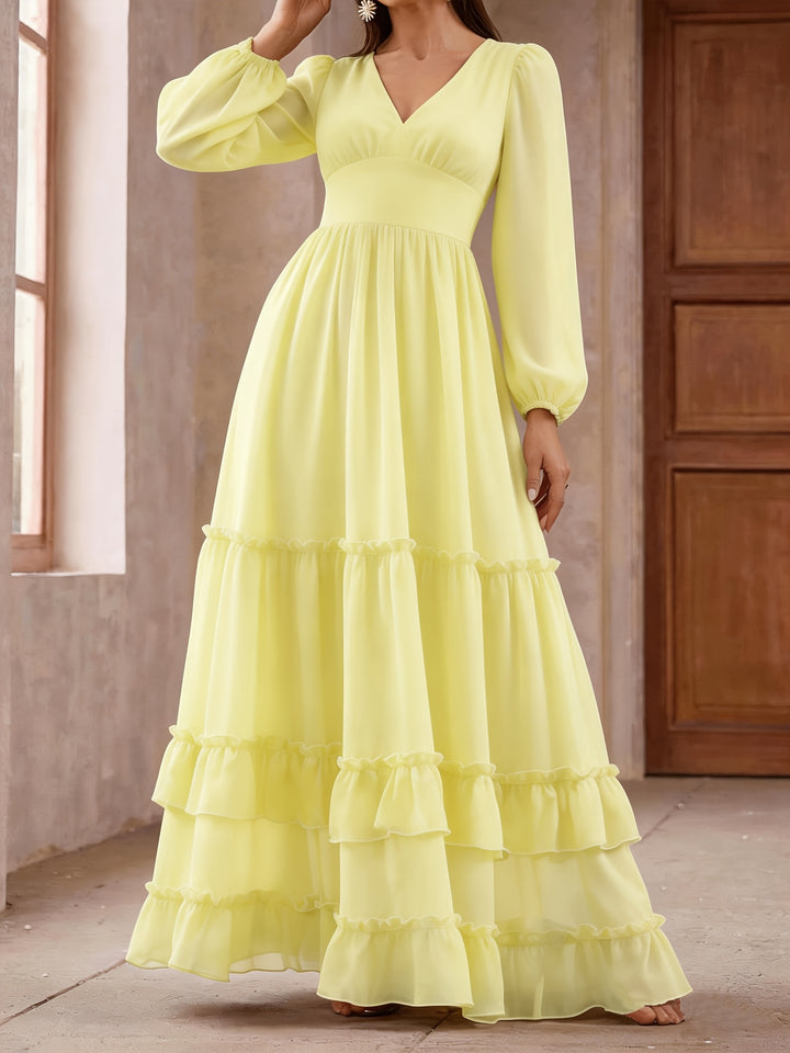 Logan | Women's Chiffon V Neck Long Sleeve Tiered Wedding Guest Dress