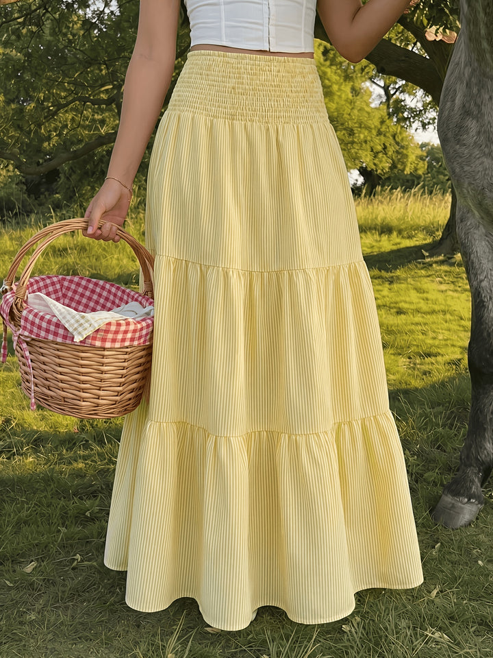 Yellow Skirts Smocked High Waist Tiered Pinstripe Maxi