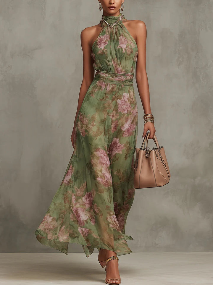 Elegant Green Floral Chiffon Bridesmaid Dress for Women with Halter Neck Plus Size Wedding Style