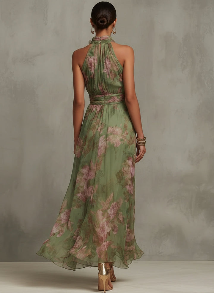 Elegant Green Floral Chiffon Bridesmaid Dress for Women with Halter Neck Plus Size Wedding Style