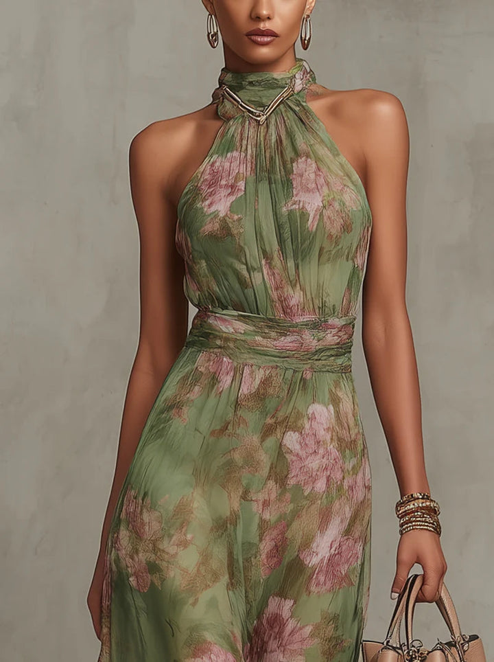 Elegant Green Floral Chiffon Bridesmaid Dress for Women with Halter Neck Plus Size Wedding Style