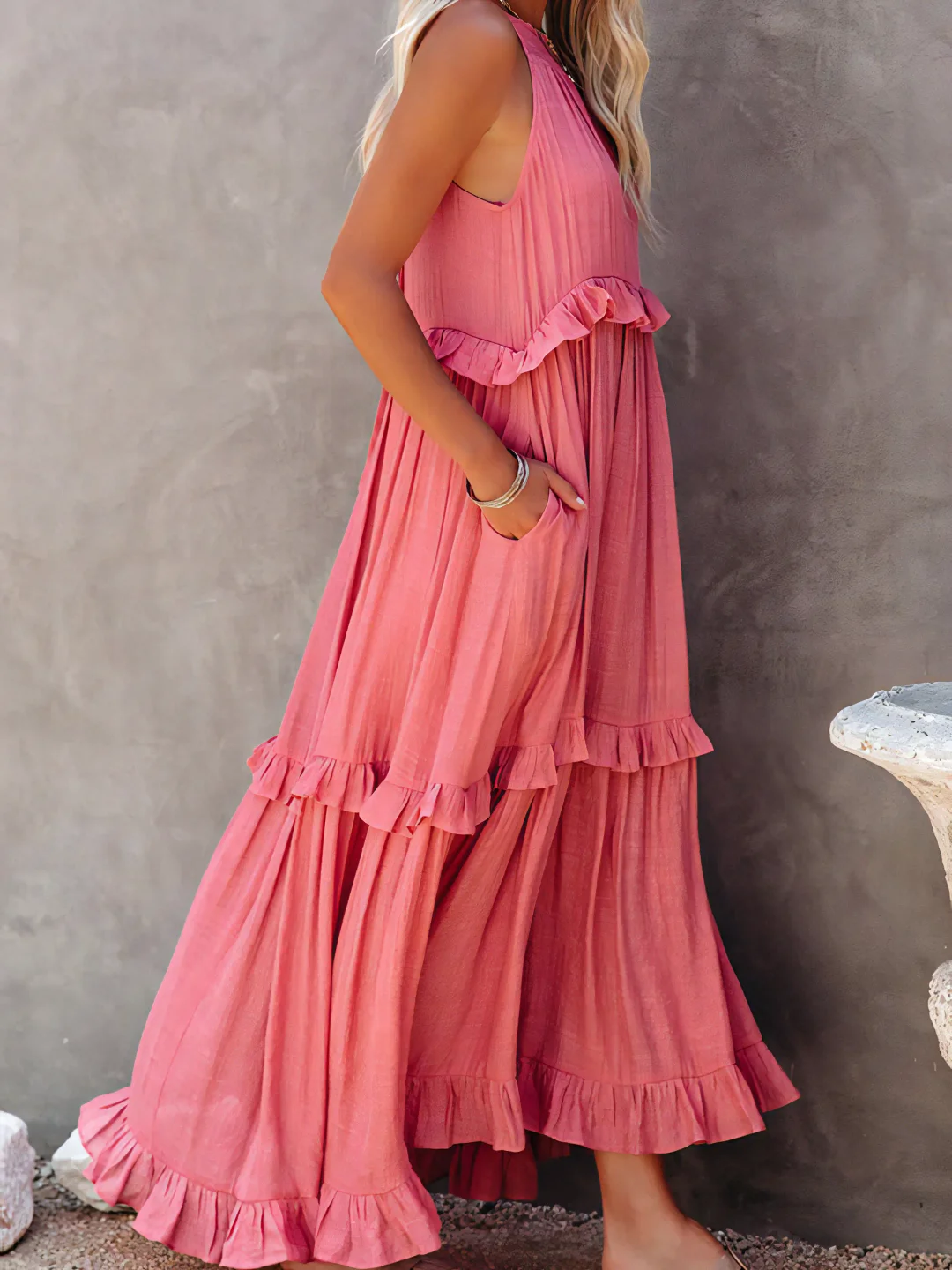 Pink Dress Tiered Ruffle Smocked Halter Maxi
