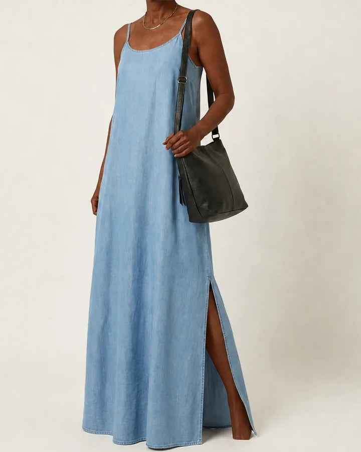 Meinir | Women Spaghetti Strap Side Slit Denim Dress