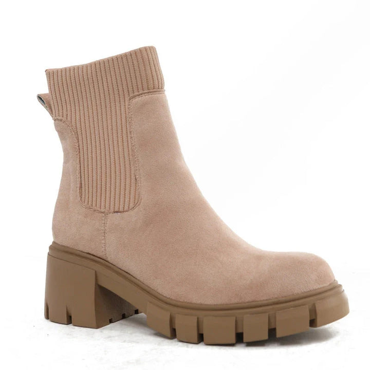 Suede Ribbed Knit Collar Round Toe Chunky Heel Chelsea Boots