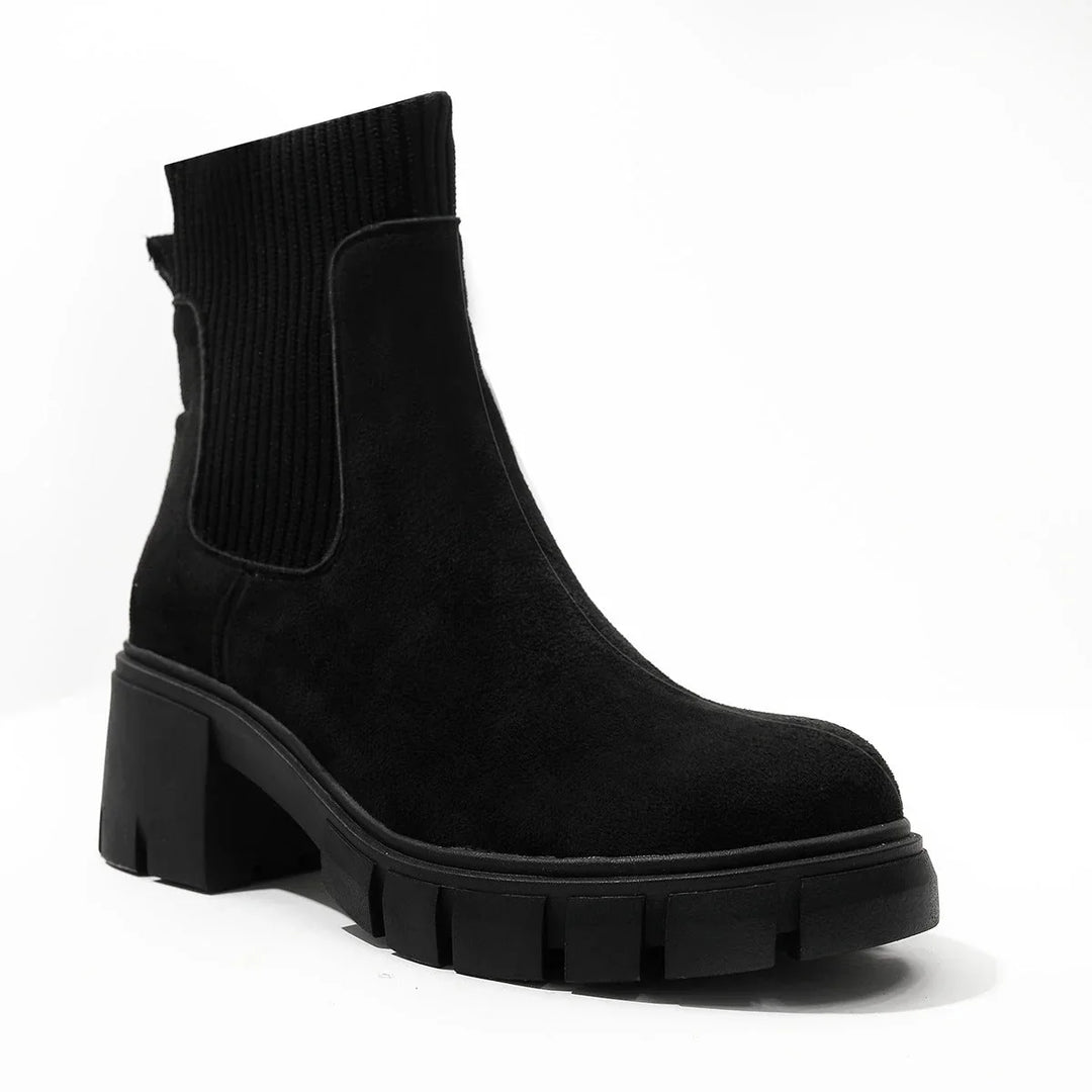 Suede Ribbed Knit Collar Round Toe Chunky Heel Chelsea Boots