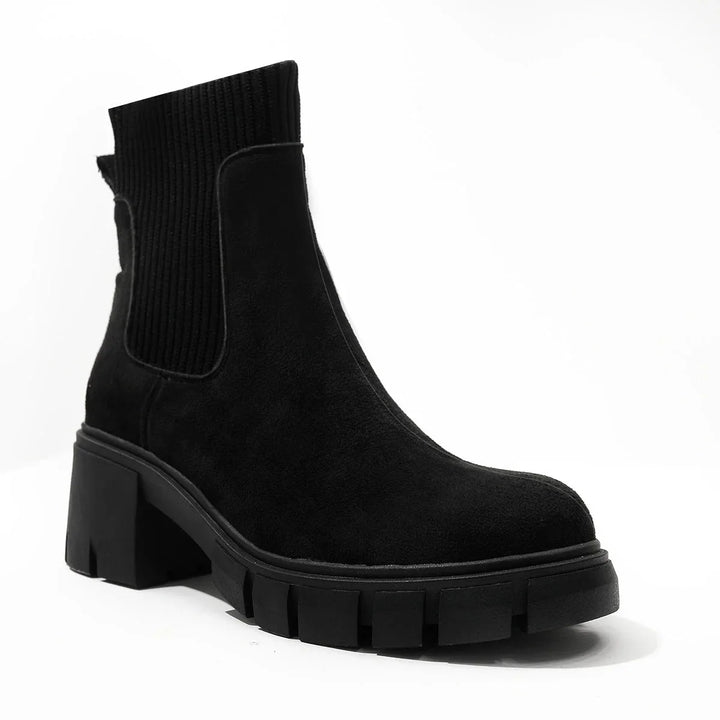 Suede Ribbed Knit Collar Round Toe Chunky Heel Chelsea Boots