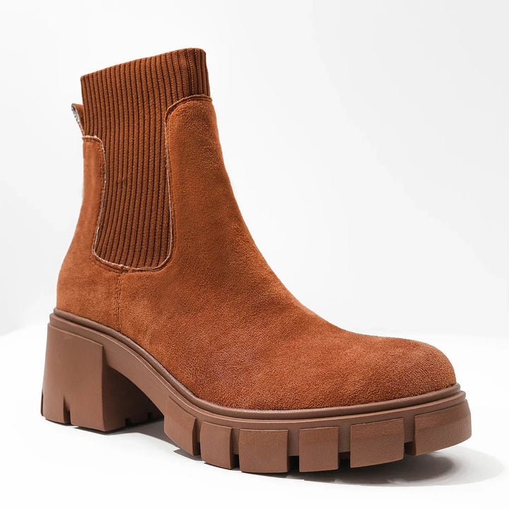 Suede Ribbed Knit Collar Round Toe Chunky Heel Chelsea Boots