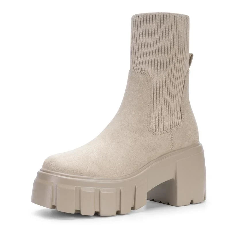 Suede Ribbed Knit Collar Round Toe Chunky Heel Chelsea Boots