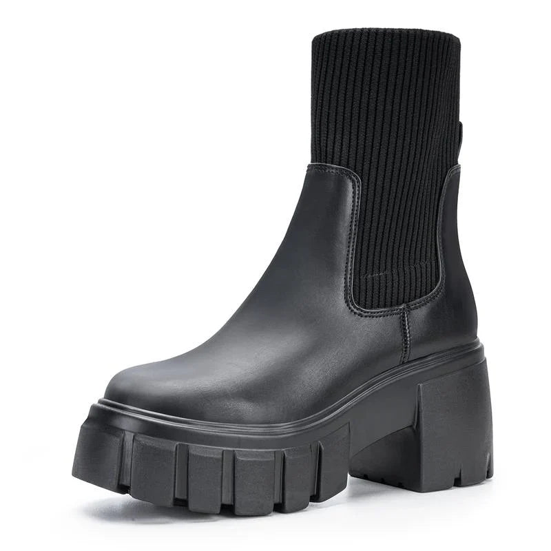 Suede Ribbed Knit Collar Round Toe Chunky Heel Chelsea Boots