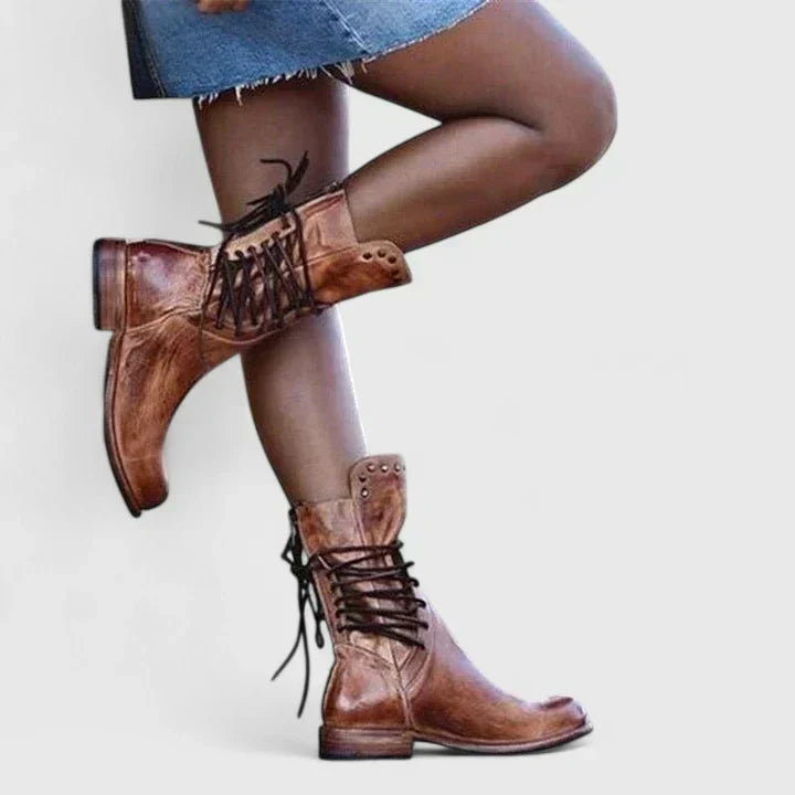 Annie | Women's Lace Casual Leather Stacked Vintage Boots
