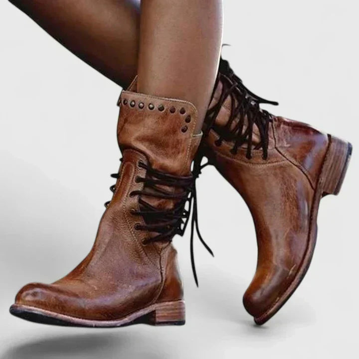 Annie | Women's Lace Casual Leather Stacked Vintage Boots