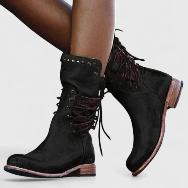 Annie | Women's Lace Casual Leather Stacked Vintage Boots