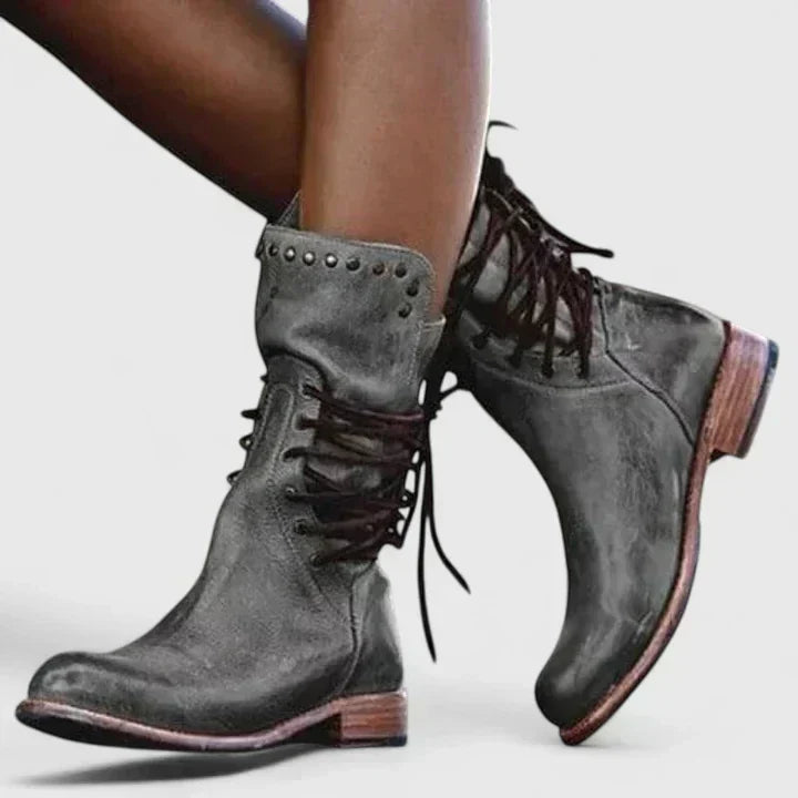 Annie | Women's Lace Casual Leather Stacked Vintage Boots
