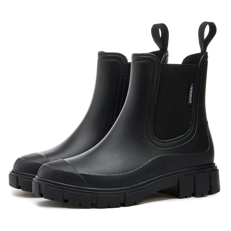 Waterproof Rubber Round Toe Chunky Lug Sole Chelsea Rain Boots
