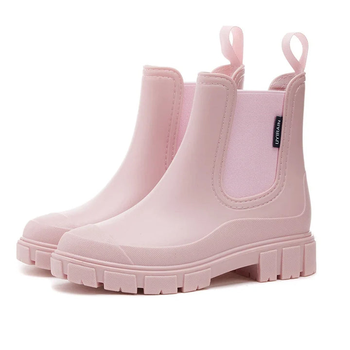 Waterproof Rubber Round Toe Chunky Lug Sole Chelsea Rain Boots