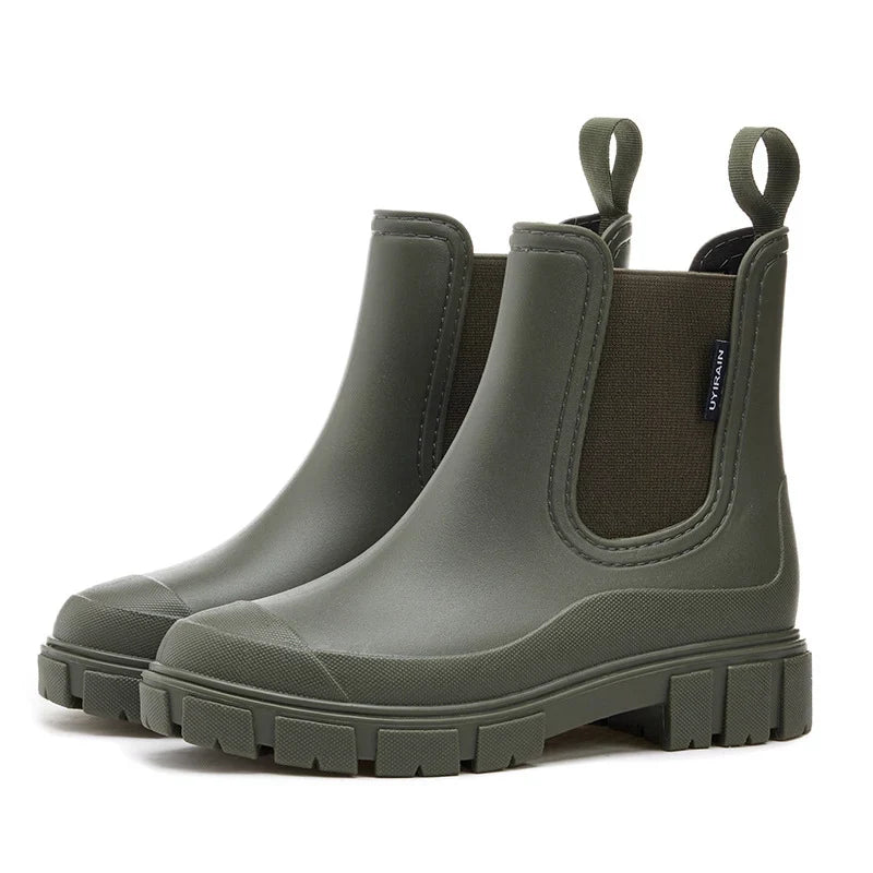 Waterproof Rubber Round Toe Chunky Lug Sole Chelsea Rain Boots