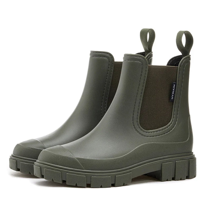 Waterproof Rubber Round Toe Chunky Lug Sole Chelsea Rain Boots