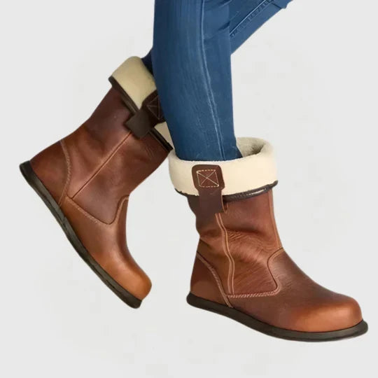 Brown Fleece Lined Buckle Strap Round Toe Winter Ankle Boots