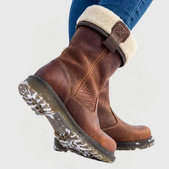Brown Fleece Lined Buckle Strap Round Toe Winter Ankle Boots