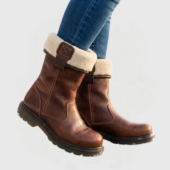 Brown Fleece Lined Buckle Strap Round Toe Winter Ankle Boots