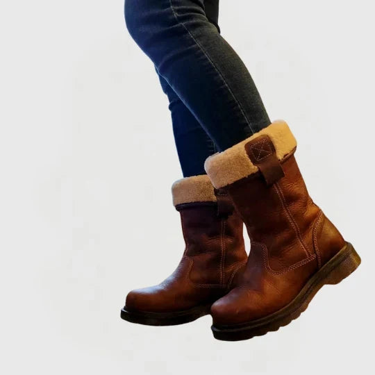 Brown Fleece Lined Buckle Strap Round Toe Winter Ankle Boots