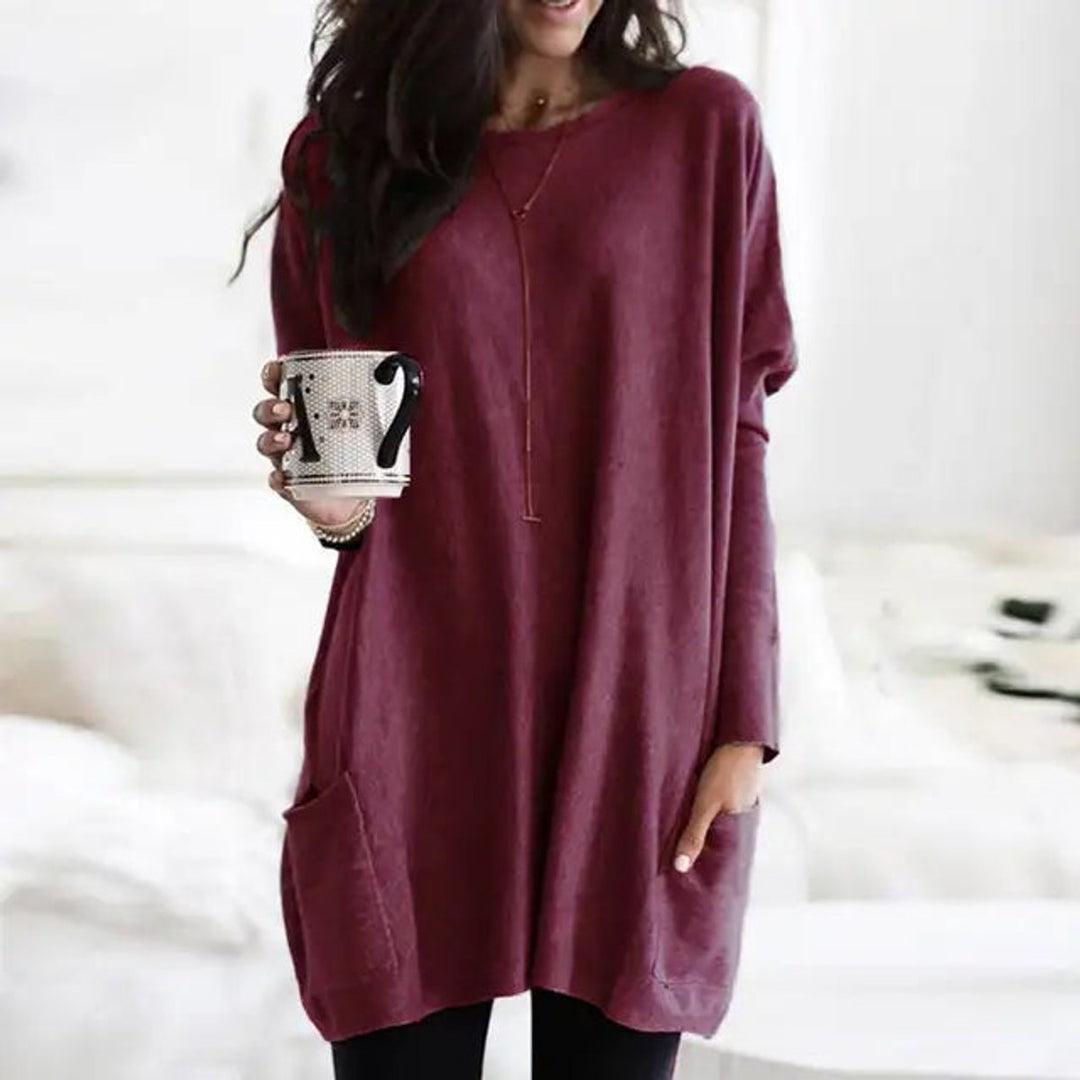 Round Neck Long Sleeve Pocket Oversized Loose Knit Tunic Sweater Top