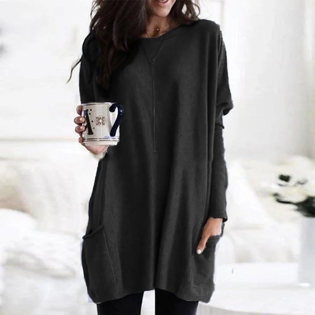 Round Neck Long Sleeve Pocket Oversized Loose Knit Tunic Sweater Top