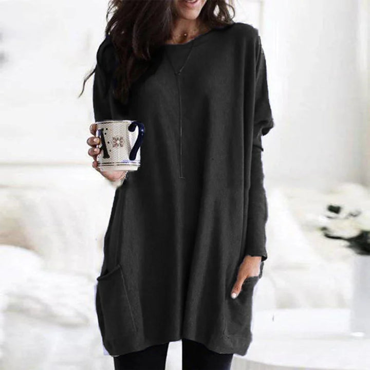 Round Neck Long Sleeve Pocket Oversized Loose Knit Tunic Sweater Top