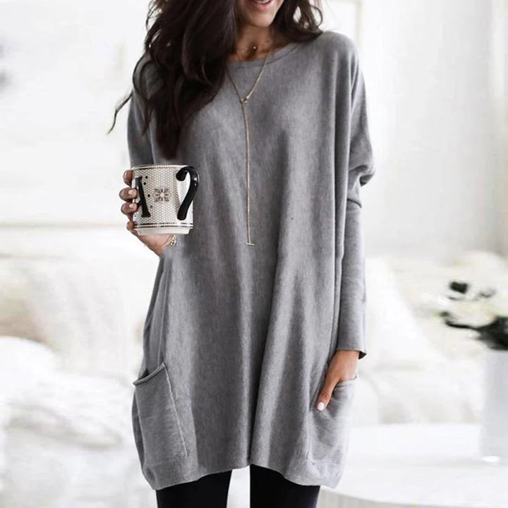 Round Neck Long Sleeve Pocket Oversized Loose Knit Tunic Sweater Top