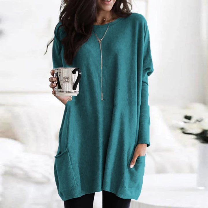 Round Neck Long Sleeve Pocket Oversized Loose Knit Tunic Sweater Top