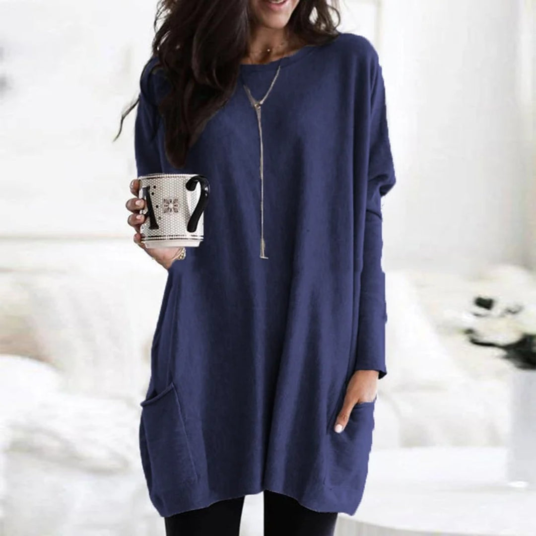 Round Neck Long Sleeve Pocket Oversized Loose Knit Tunic Sweater Top
