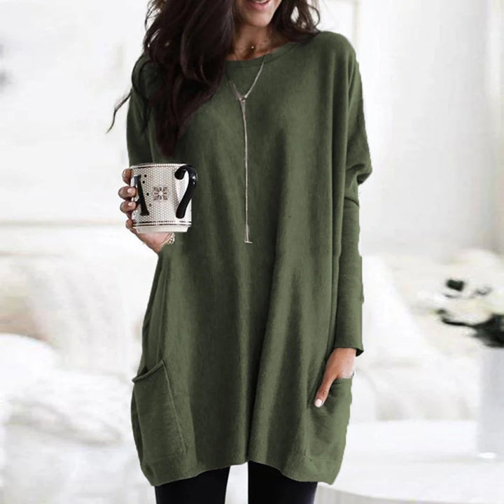 Round Neck Long Sleeve Pocket Oversized Loose Knit Tunic Sweater Top