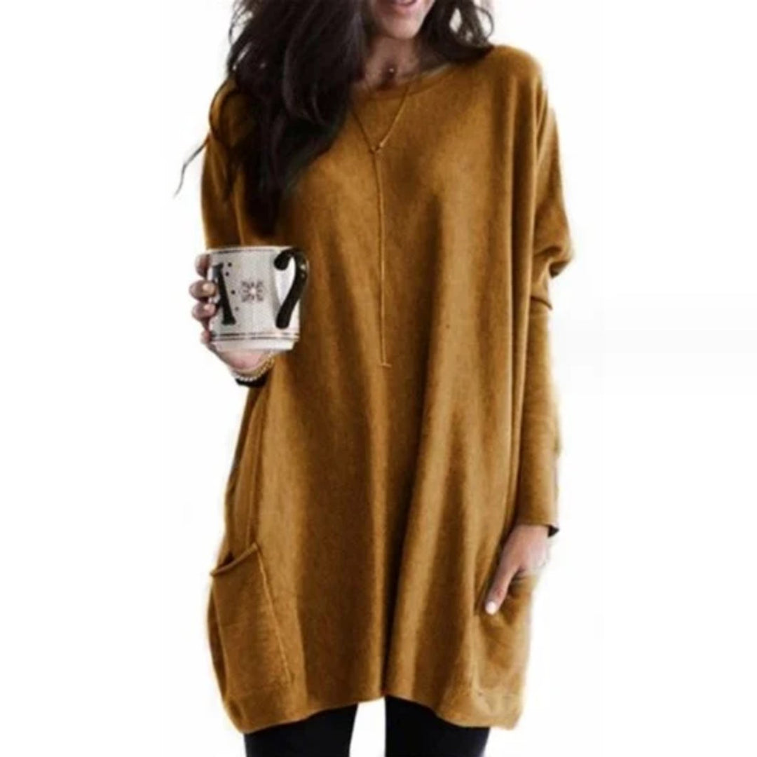 Round Neck Long Sleeve Pocket Oversized Loose Knit Tunic Sweater Top