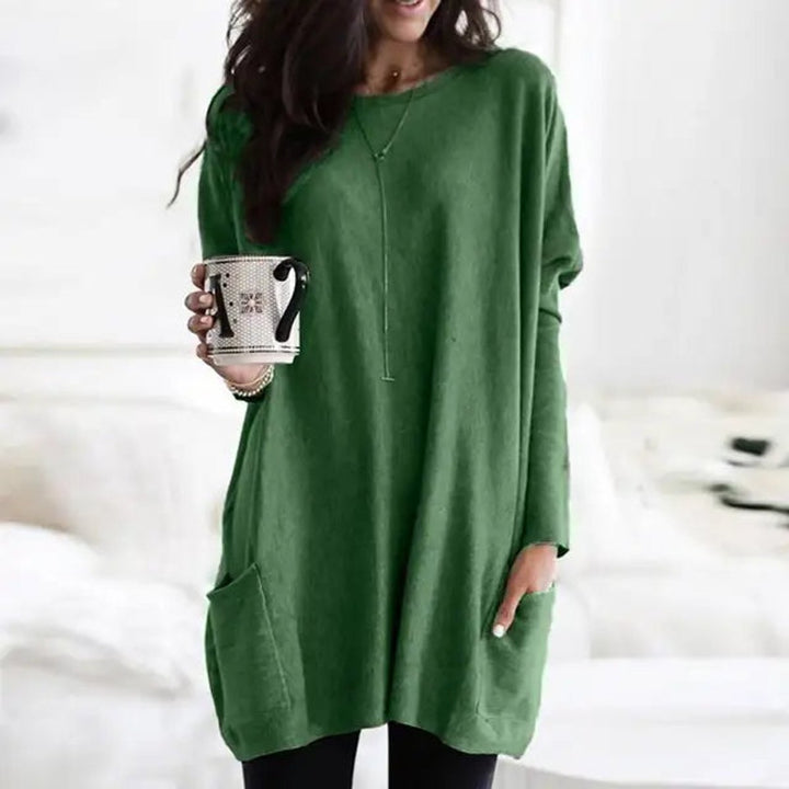 Round Neck Long Sleeve Pocket Oversized Loose Knit Tunic Sweater Top