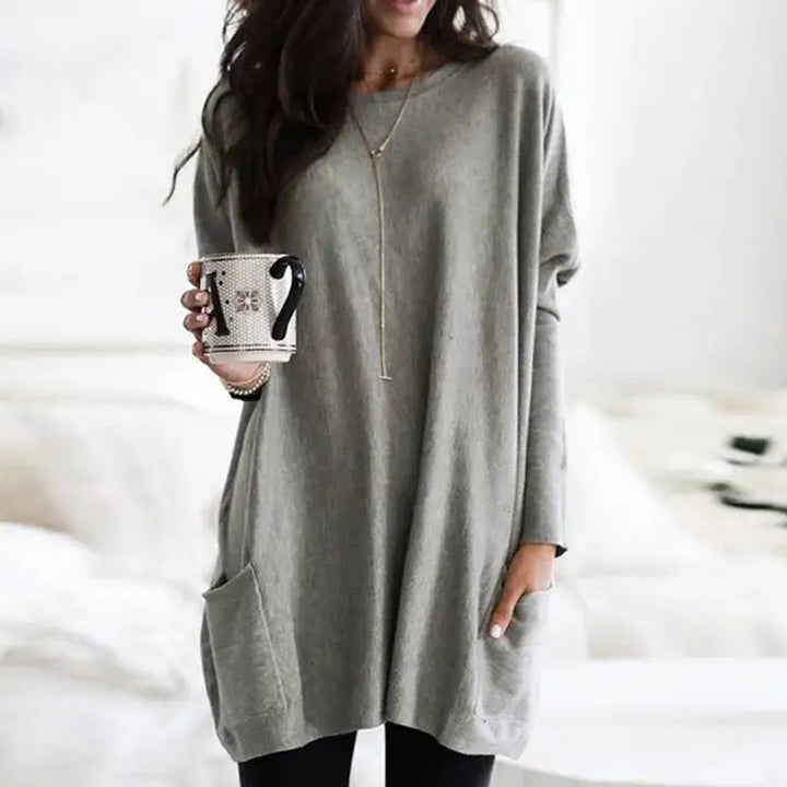 Round Neck Long Sleeve Pocket Oversized Loose Knit Tunic Sweater Top