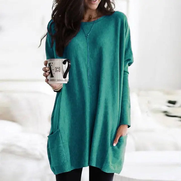 Round Neck Long Sleeve Pocket Oversized Loose Knit Tunic Sweater Top