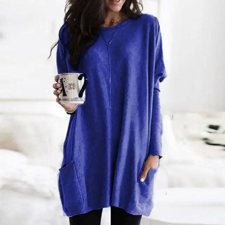 Round Neck Long Sleeve Pocket Oversized Loose Knit Tunic Sweater Top