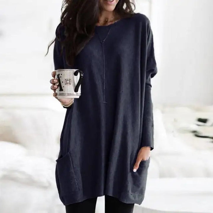 Round Neck Long Sleeve Pocket Oversized Loose Knit Tunic Sweater Top