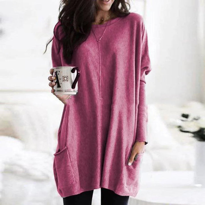 Round Neck Long Sleeve Pocket Oversized Loose Knit Tunic Sweater Top