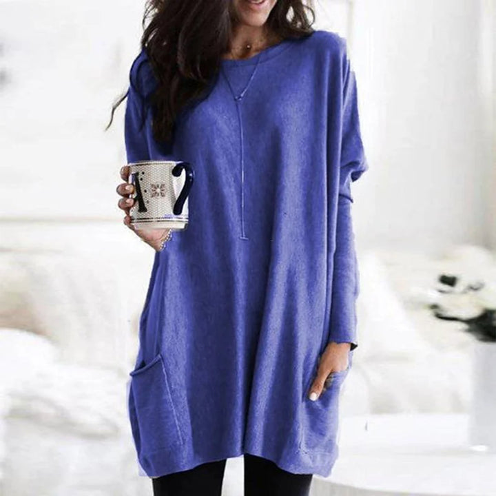 Round Neck Long Sleeve Pocket Oversized Loose Knit Tunic Sweater Top