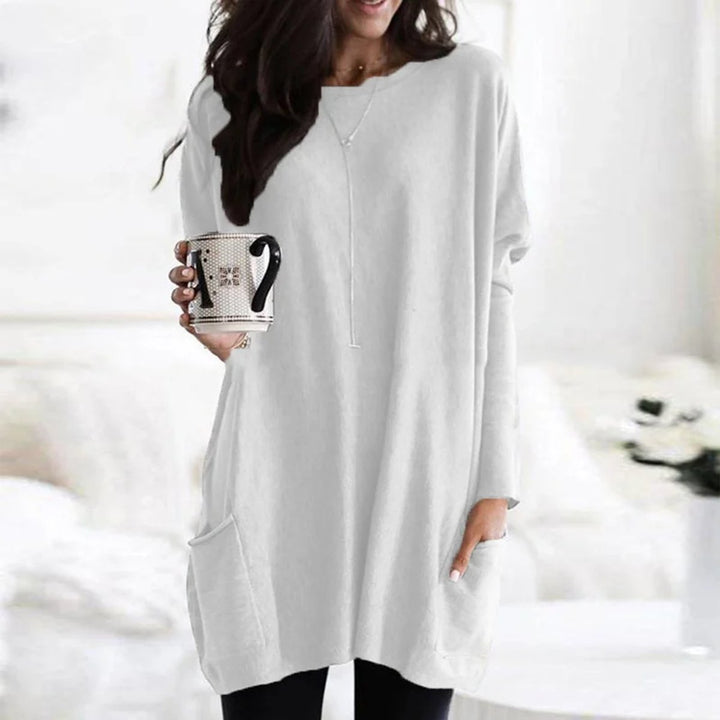 Round Neck Long Sleeve Pocket Oversized Loose Knit Tunic Sweater Top
