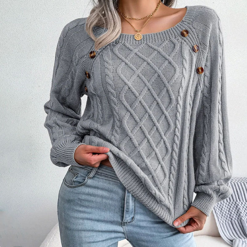 Alysia | Women Button Crew Cable Knit Pullover